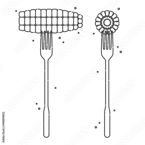 Corn on a fork on white background. Two views to object. Flat style illustration for any design. Healthy supply. Isolated object. Silverware flatware and organic vegetarian food