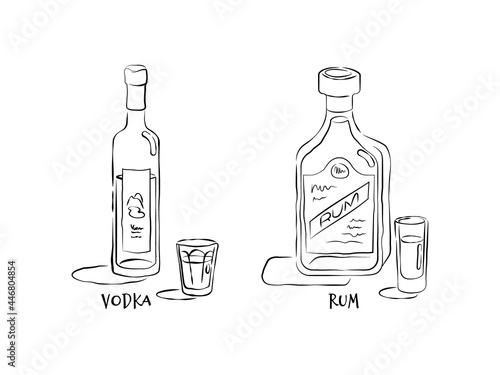 Vodka and rum. Bottle and glass in hand drawn style. Restaurant illustration for celebration design. Retro sketch. Line art. Design element. Beverage outline icon. Isolated on white background