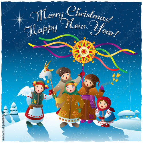 Children sing a Christmas song, carols at night in winter on the background of the winter village