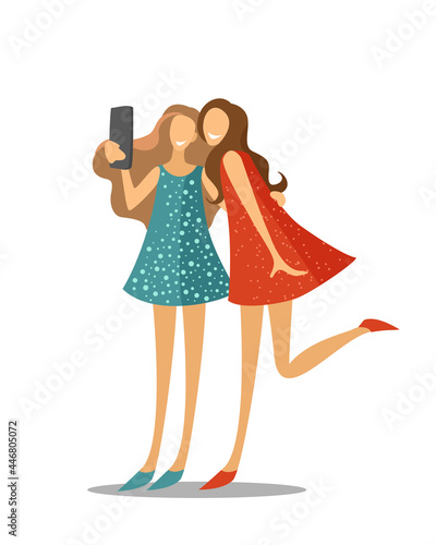 two happy girls making selfie together. Vector Illustration