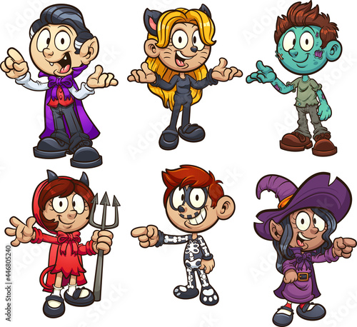 Boys and girls in different Halloween costumes. Vector clip art illustration with simple gradients. Each on a separate layer. 

