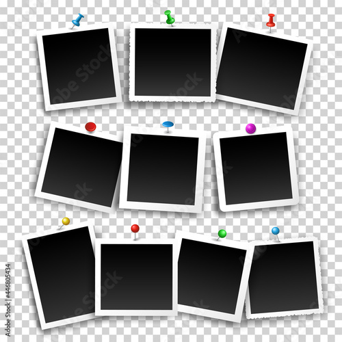 Square photo frames fixed with pins and pushpins. Vector templates set for editing. Illustration of realistic empty photo with shadows isolated on transparent background.