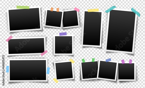 Photo frames fixed with sticky tape. Vector templates set for editing. Illustration of realistic empty photo with shadows isolated on transparent background.