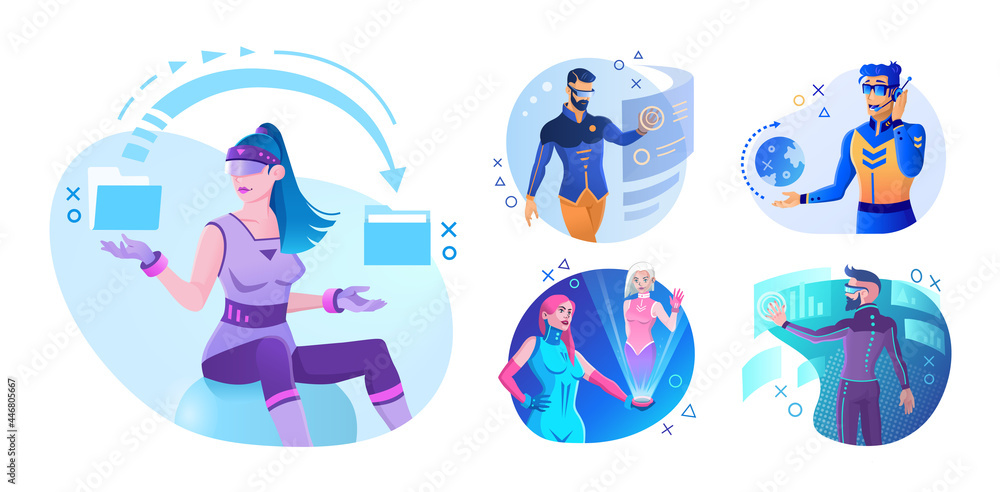 Fototapeta premium Virtual reality and augmented reality. People and future technologies. Set of futuristic vector illustrations in cyberpunk style for presentation slides or websites design.