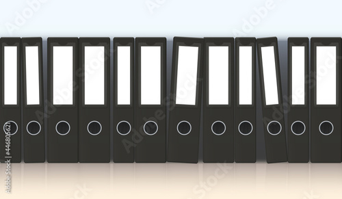 Ring binders, row of thin and thick unlabeled gray file folders, some standing at an angle, because of exhausting office work. Seamlessly expandable. Vector illustration.
