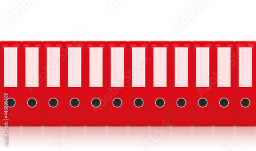 Red ring binders, row of unlabeled leaf binder set for orderly, neat and tidy paper filing. Seamlessly expandable. Isolated vector illustration on white background.
