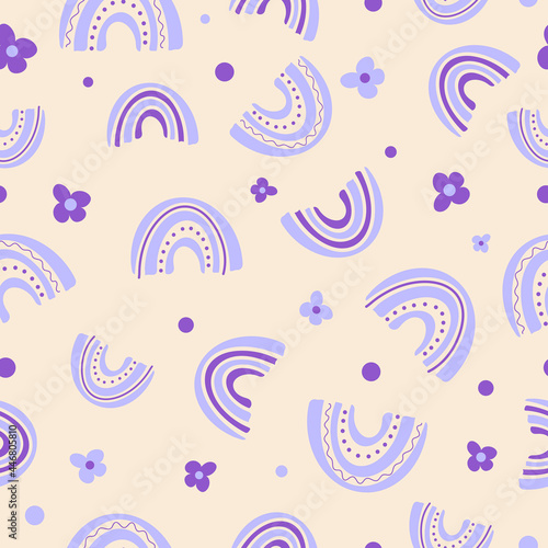 Bright seamless summer rainbow flower pattern. Delicate purple lavender beige pastel colors. Vector illustration in cartoon style. For printing on fabric, gift wrap. National Find a Rainbow Day