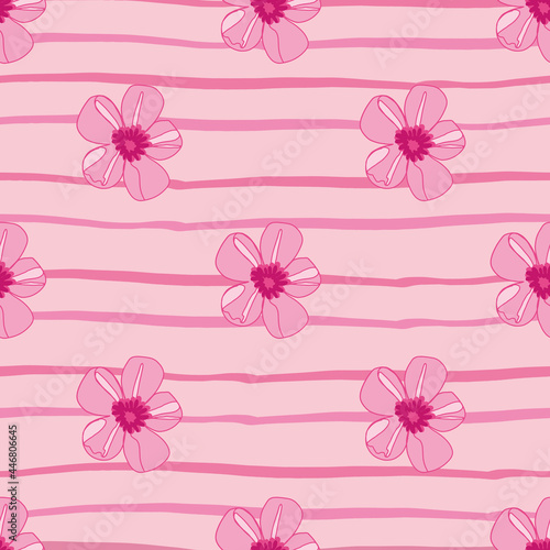 Vector Pink decorative florals on stripes background seamless pattern design. Girly and feminine colour palette.Great as digital paper, fashion, fabric, textiles, and wallpaper. 