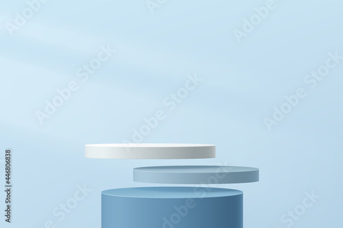 Abstract 3D white and blue cylinder pedestal podium floating on air with pastel blue minimal wall scene and lighting. Vector rendering geometric platform for cosmetics product display presentation.