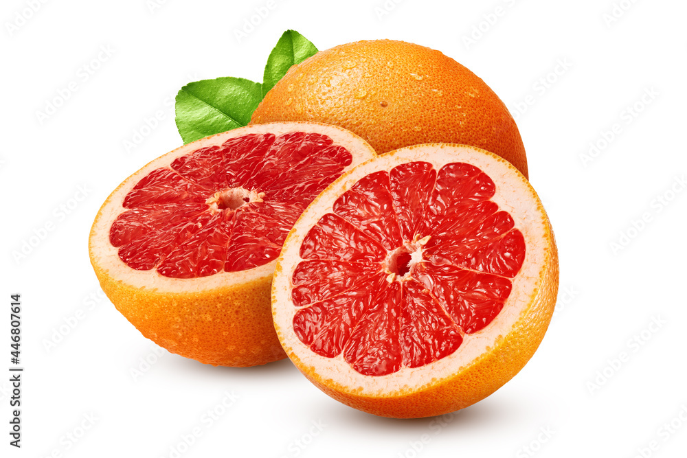 Halfs of grapefruit with drops and leaves isolated on white background Halfs of grapefruit with drops and leaves isolated on white background