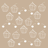 Vector doodle pattern of cupcakes, muffins and cherries. White outline illustration isolated on a brown background.