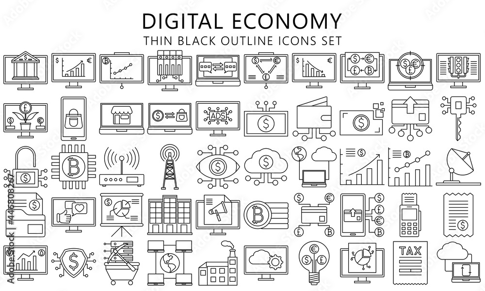 Digital Economy icons thin black outline set, contain such as computer, crypto currency, diagram, finance symbol, Used for modern concepts, web, UI or UX kit and applications. EPS 10 ready to co SVG