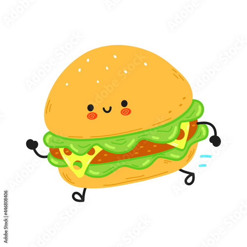 Cute funny running hamburger. Vector hand drawn cartoon kawaii character illustration icon. Isolated on white background. Running hamburger concept