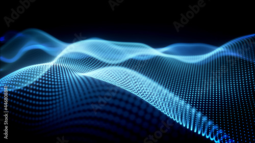 抽象的なテクノロジーの背景。青のパーティクルの波。3Dレンダリング。