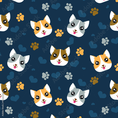 Dog Seamless Pattern Background, Happy dog with paw print and heart, Cartoon Dog Vector illustration, wallpaper