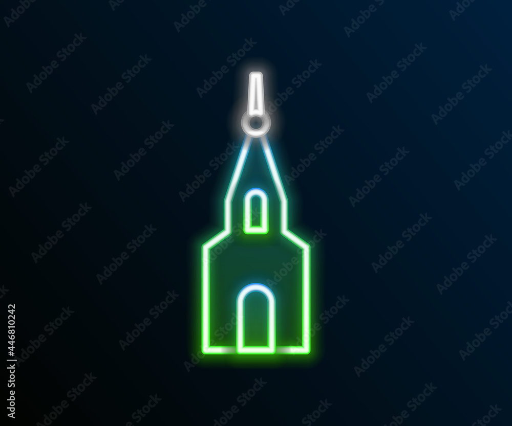 Glowing neon line Church building icon isolated on black background. Christian Church. Religion of church. Colorful outline concept. Vector Glowing neon line Church building icon isolated on black background. Christian Church. Religion of church. Colorful outline concept. Vector