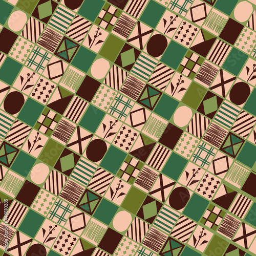 Original endpaper for bookbinding, seamless background with abstract geometric patterns, squares and lines, symmetry, diagonal, brown-green tones. Back cover, gift wrapping paper
