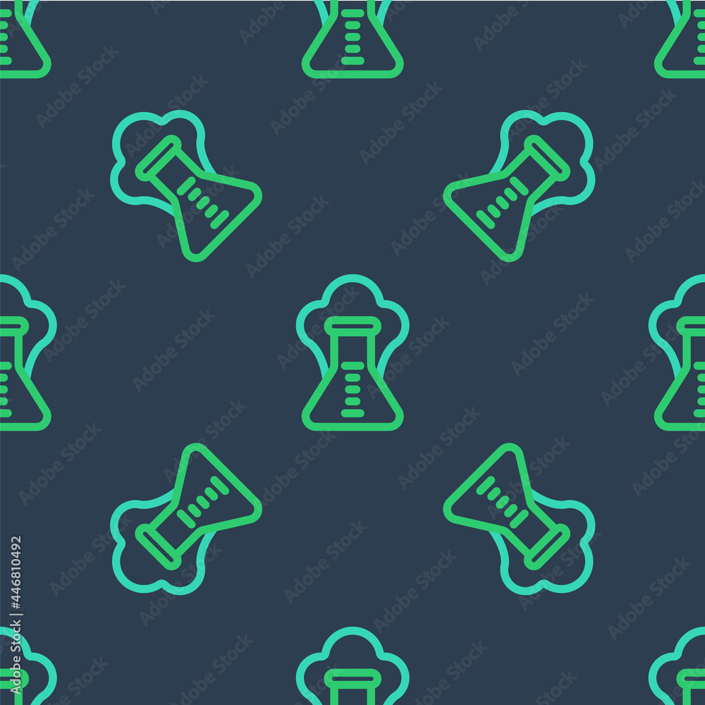 Line Chemical experiment, explosion in the flask icon isolated seamless pattern on blue background. Chemical explosion in a test tube. Vector Line Chemical experiment, explosion in the flask icon isolated seamless pattern on blue background. Chemical explosion in a test tube. Vector