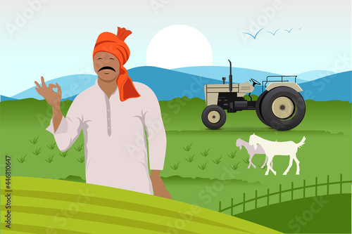 Indian agriculture landscape. Farmer working in indian rice fields rural worker vector cartoon background