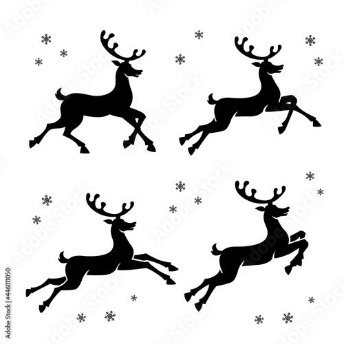 Reindeer silhouettes collected in big vector set. Black running deers isolated on white background.