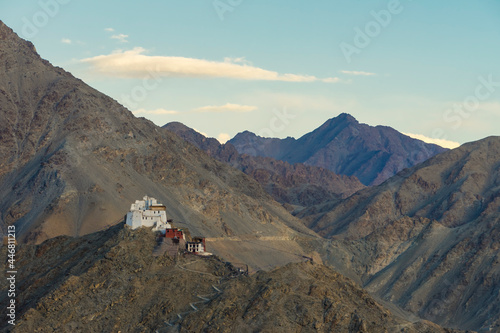 View of Leh town from the top of the  Shanti Stupa in Leh Ladakh, india photo