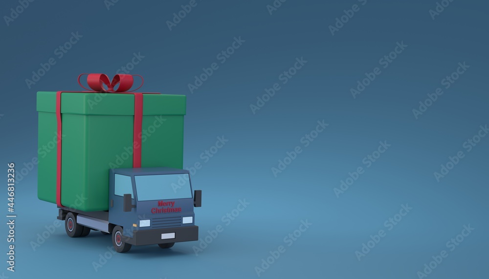 Logistic delivery courier truck with present giftbox as package storage for Christmas 3D rendering illustration Logistic delivery courier truck with present giftbox as package storage for Christmas 3D rendering illustration