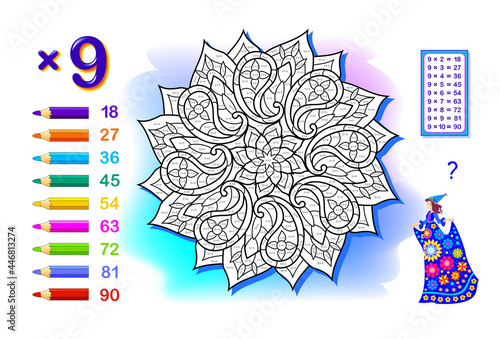 Multiplication table by 9 for kids. Math education. Coloring book. Solve examples and color oriental mandala. Logic puzzle game. Worksheet for children school textbook. Play online. Memory training.