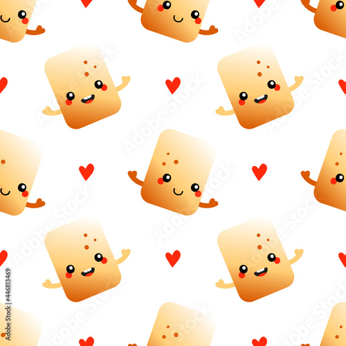 Cute smiling cartoon style golden brown toasted marshmallow characters and red hearts vector seamless pattern background.
