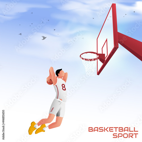 Someone doing a slam dunk in basketball, sports competition