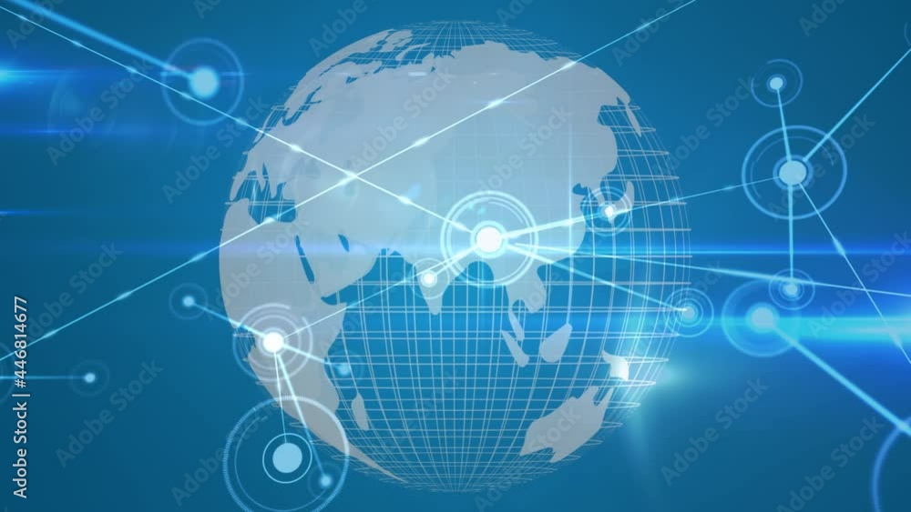 Digital animation of network of connections against spinning globe on blue background Digital animation of network of connections against spinning globe on blue background