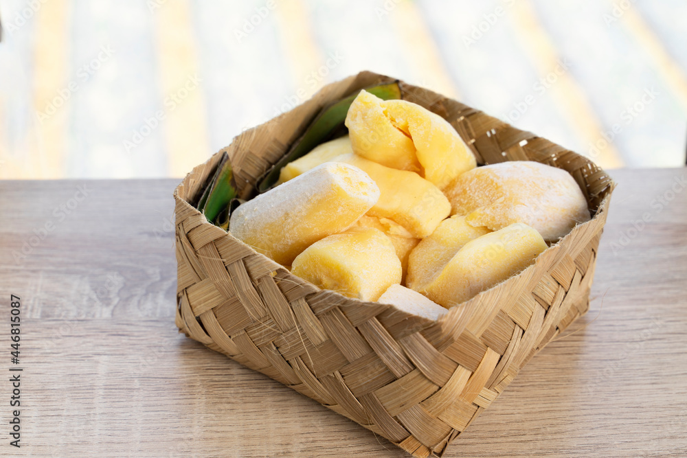 tapai or tape or peuyeum are traditional foods snacks from indonesia, made from fermented cassava. selective focus