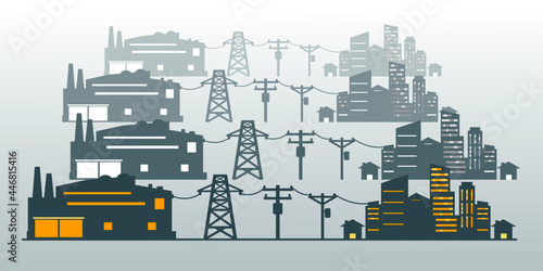 Power plant generates electricity to transmit electricity to electric poles and city house on white background icon flat vector.