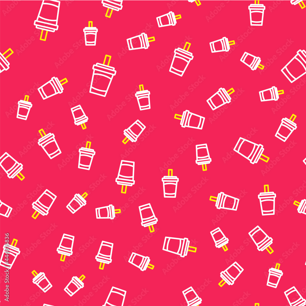 Line Paper glass with drinking straw and water icon isolated seamless pattern on red background. Soda drink glass. Fresh cold beverage symbol. Vector Line Paper glass with drinking straw and water icon isolated seamless pattern on red background. Soda drink glass. Fresh cold beverage symbol. Vector