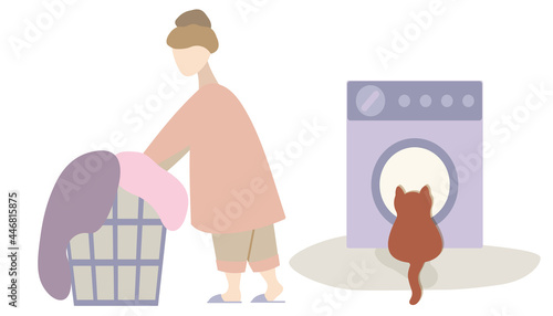 woman washing machine cat waiting girl household chores housewife cleaning basket with dirty laundry home