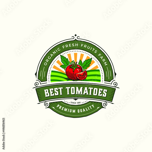 Vintage style badge tomato farm vector. Hand drawn or sketching minimalism style vector illustration.
