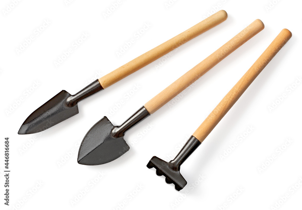 Gardening tools isolated on white background, overhead view Gardening tools isolated on white background, overhead view