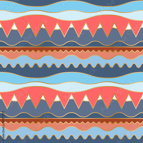 Blue and red wavy seamless pattern. Stilyzed northern ethnic landscape background with mountains  sunset  sky and lake