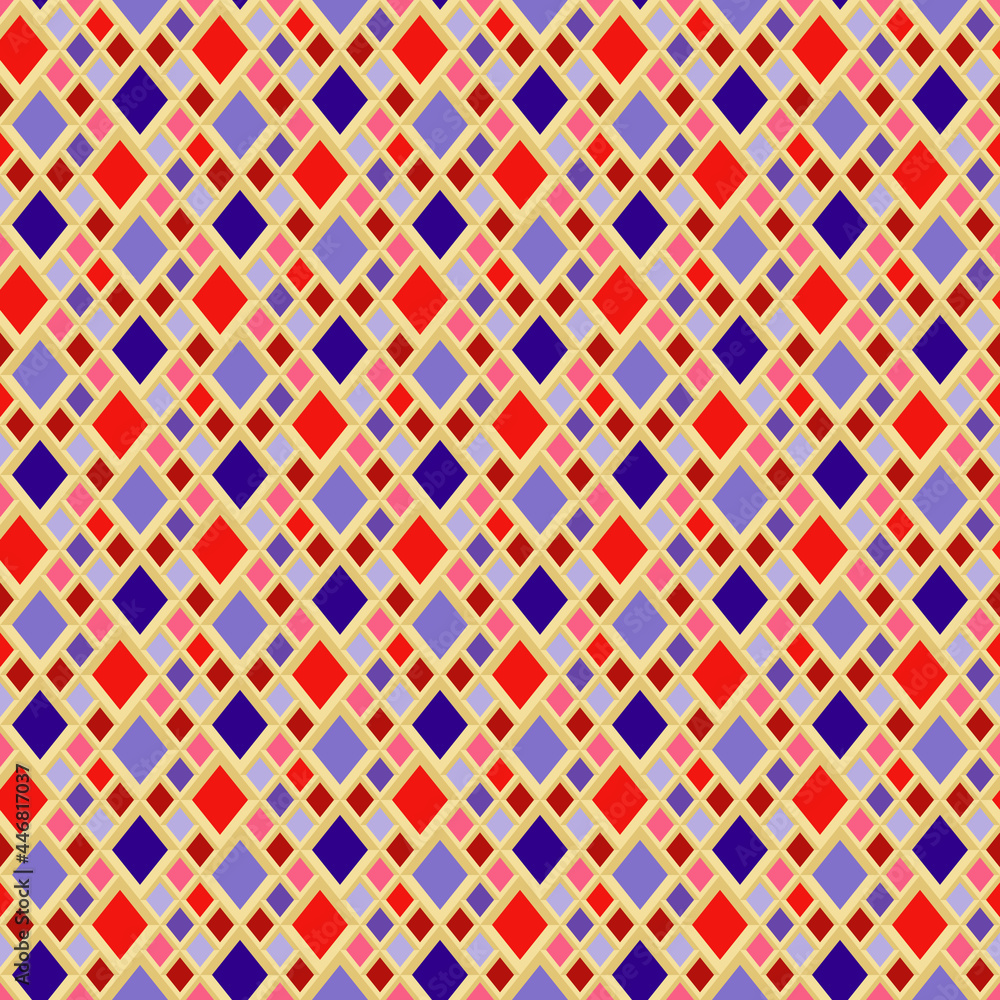 Abstract geometric seamless pattern. Rhombus background of blue and red diamonds. Stained glass ornament
Abstract geometric seamless pattern. Rhombus background of blue and red diamonds. Stained glass ornament