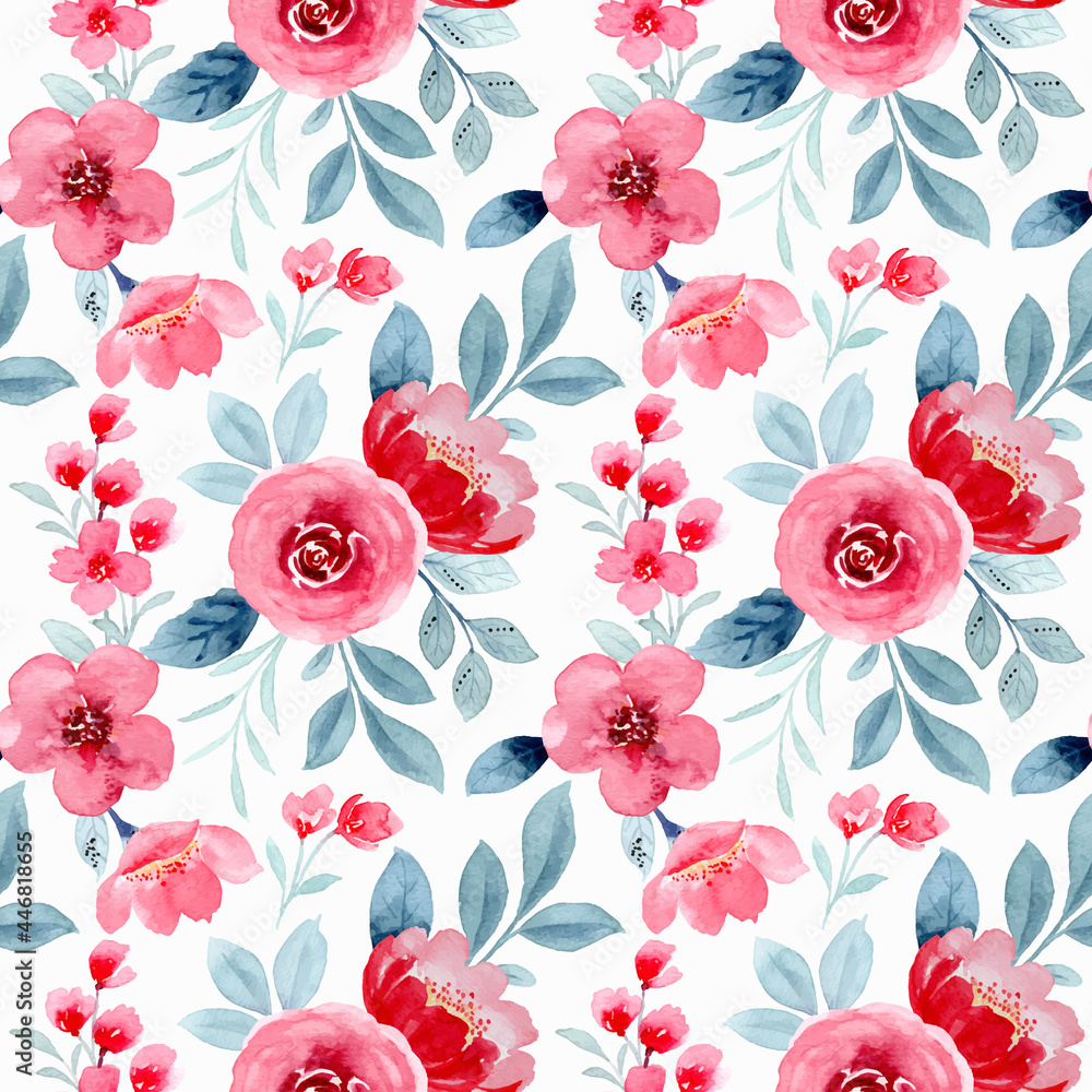 Watercolor red flower seamless pattern