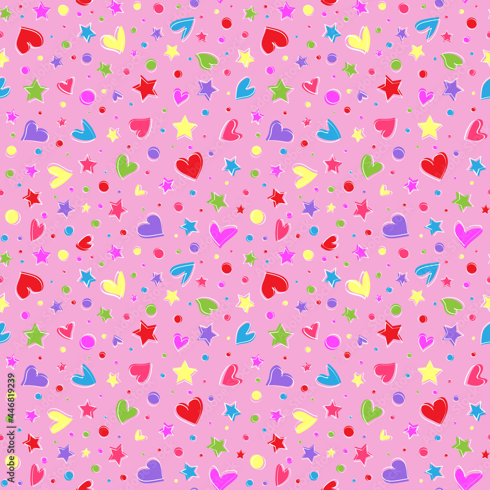 Pattern of hearts, stars and circles in random style on rose background