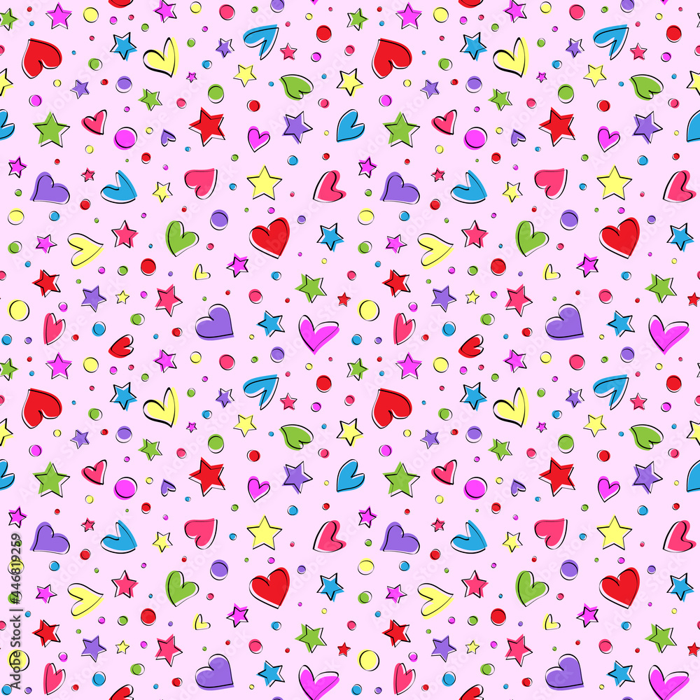 Pattern of hearts, stars and circles in random style on pink background Pattern of hearts, stars and circles in random style on pink background