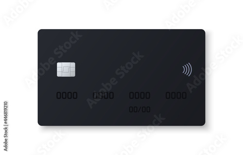 Blank plastic bank credit card. Mockup design of black plastic debit card with emv chip and contactless payment sign. Wireless online payment concept. Realistic vector illustration