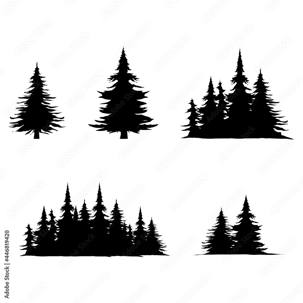 Set several pine trees silhouette with leaf vector symbol , isolated on white background , Illustration Vector EPS 10 - obrazy, fototapety, plakaty 