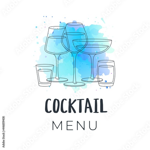 Cocktail Menu. Illustration of cocktail glasses on background of blue watercolor splash. Invitation, flyer or banner template.