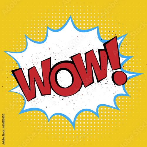word WOW in comic splash bubble on yellow halftone background, vector illustration