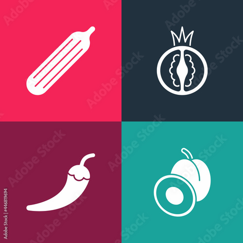 Set pop art Plum fruit, Hot chili pepper pod, Tomato and Fresh cucumber icon. Vector