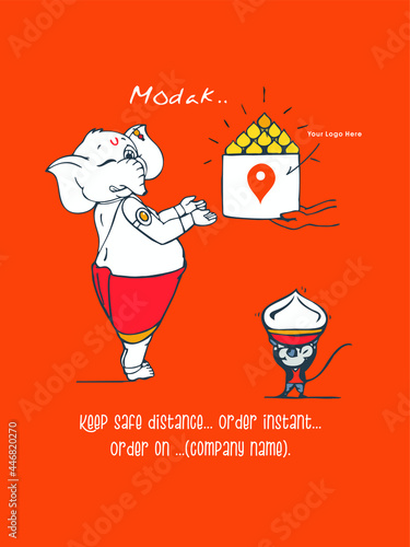 Celebrating Lord Ganesha Festival. A funny cartoon of lord Ganesha spreading the social message for online shopping during this pandemic (corona) time 