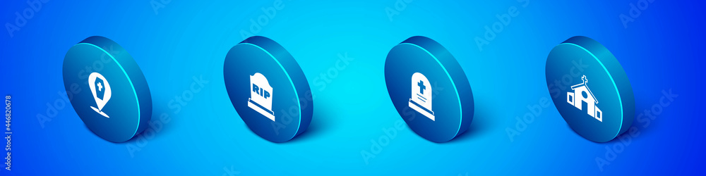 Set Isometric Coffin with cross, Grave tombstone, Church building and Tombstone RIP written icon. Vector Set Isometric Coffin with cross, Grave tombstone, Church building and Tombstone RIP written icon. Vector
