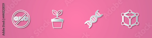 Set paper cut No GMO, Plant in pot, DNA symbol and Molecule icon. Paper art style. Vector