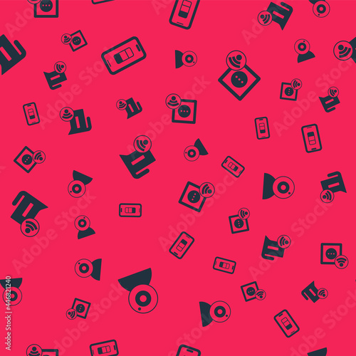 Set Web camera, Smartphone battery charge, electric kettle and electrical outlet on seamless pattern. Vector